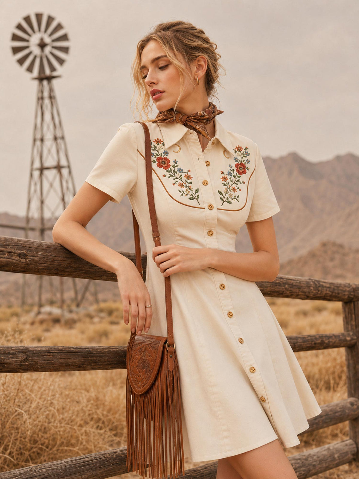 [Embroidery]Perfect for Coachella Music Festival Dress — 2026 SS Khaki Vintage Floral Embroidery Cotton Blend A-Line Mini Dress