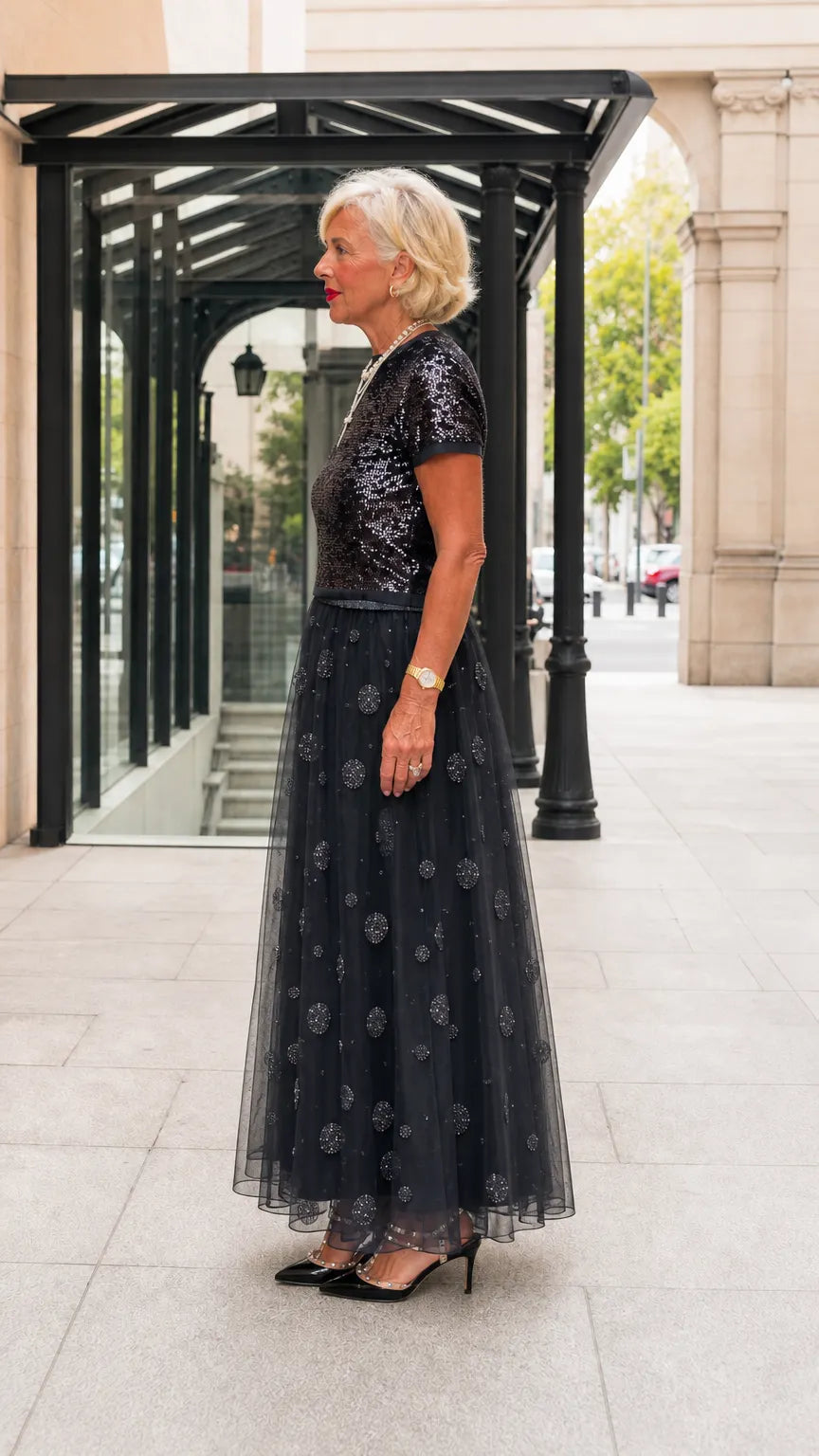 Sequined Short Sleeve Top and Embellished Tulle Maxi Skirt Evening Set