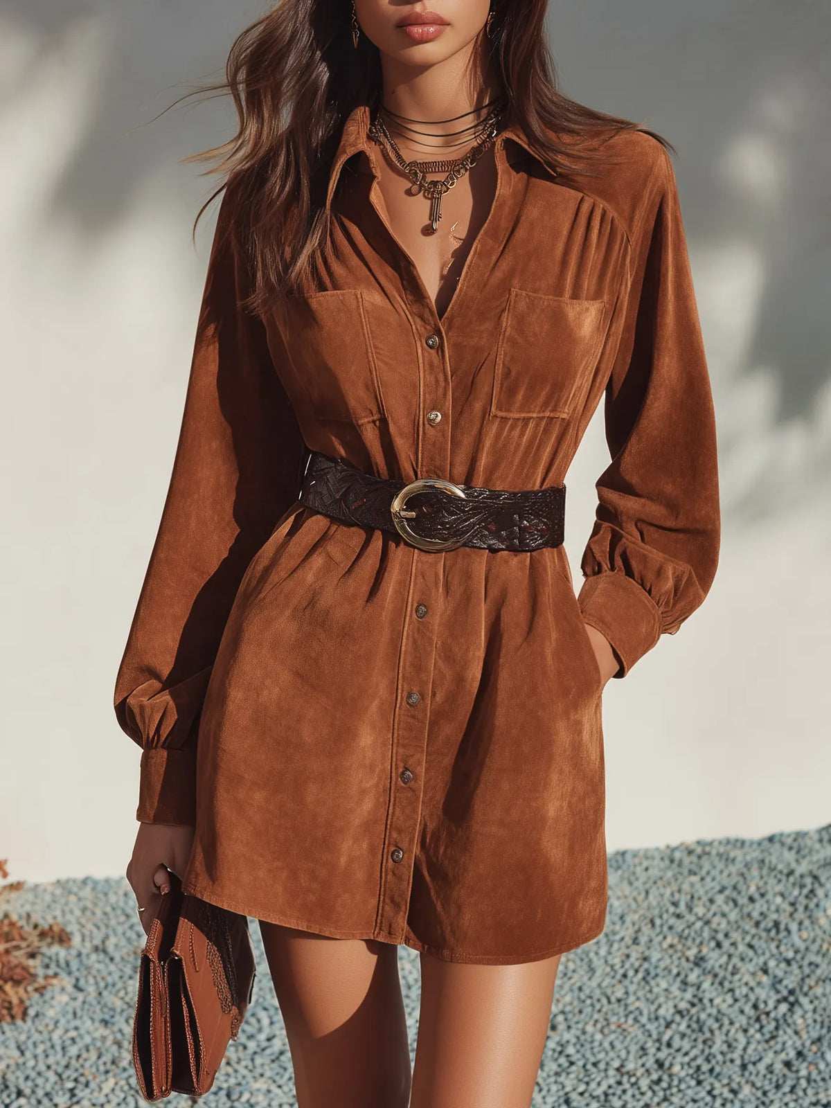 Western Vibe Cognac Brown Faux Suede Shirt Mini Dress