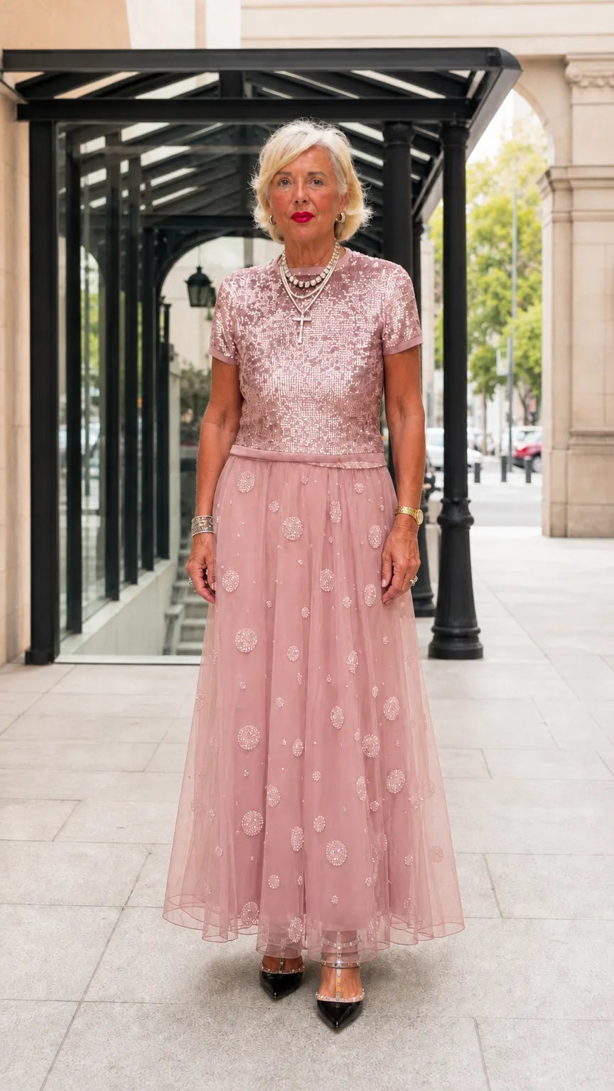 Sequined Short Sleeve Top and Embellished Tulle Maxi Skirt Evening Set