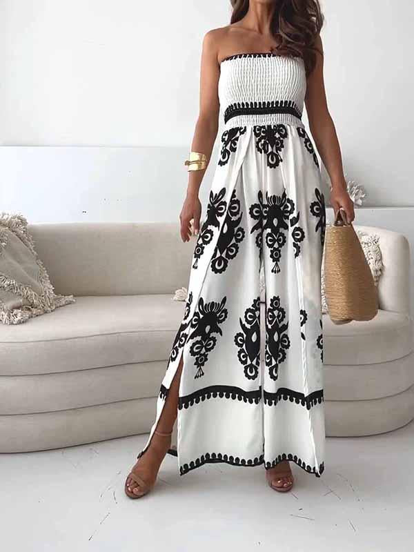Women's White Jumpsuit Plus Size Tube Top Printed Jumpsuit