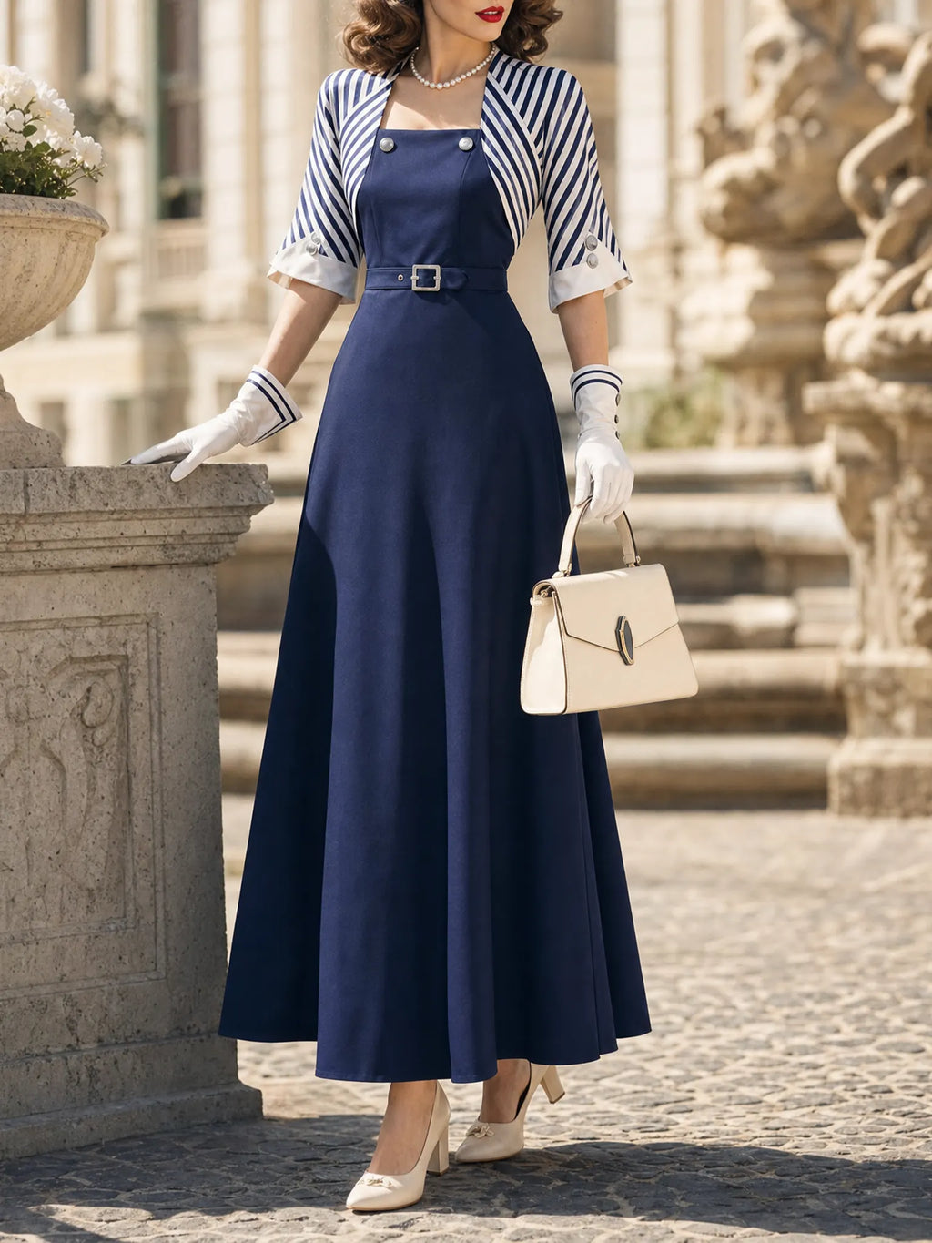 Vintage  Square Neck Belted Full Skirt Fake Two‑Piece Maxi Dress