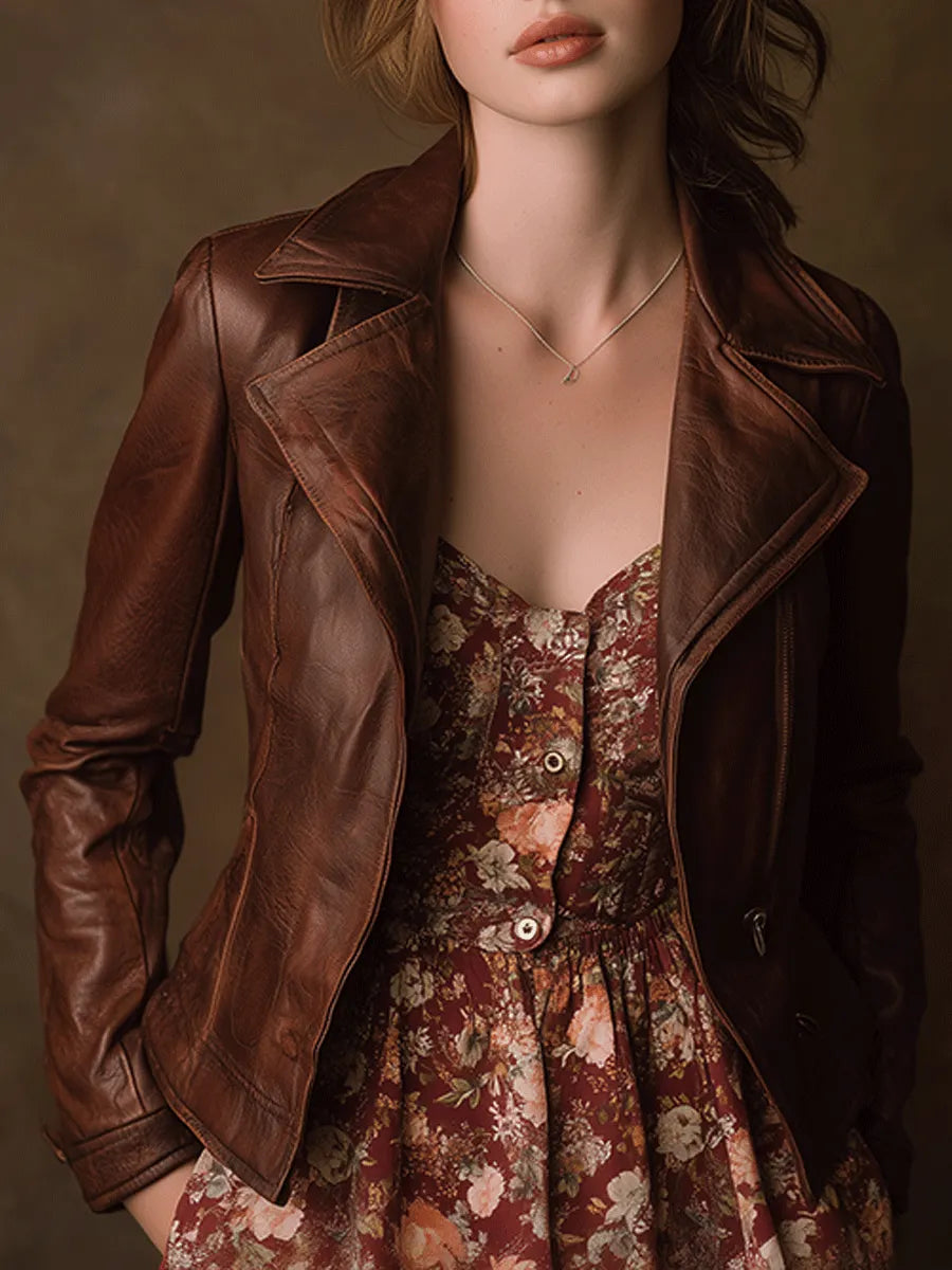 Autumn Romantic Brown Vintage Faux Leather Cropped Jacket
