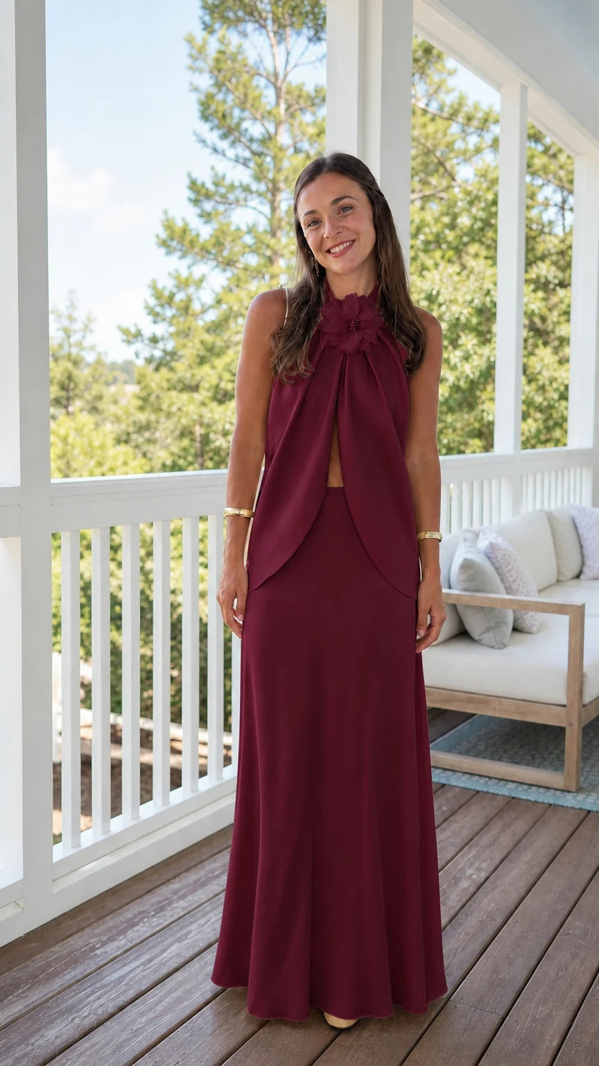 Floral Halter Neck Split Top and Maxi Skirt Two-Piece Set
