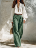 Resort-style V-neck Lantern-sleeve Top And Trousers Set
