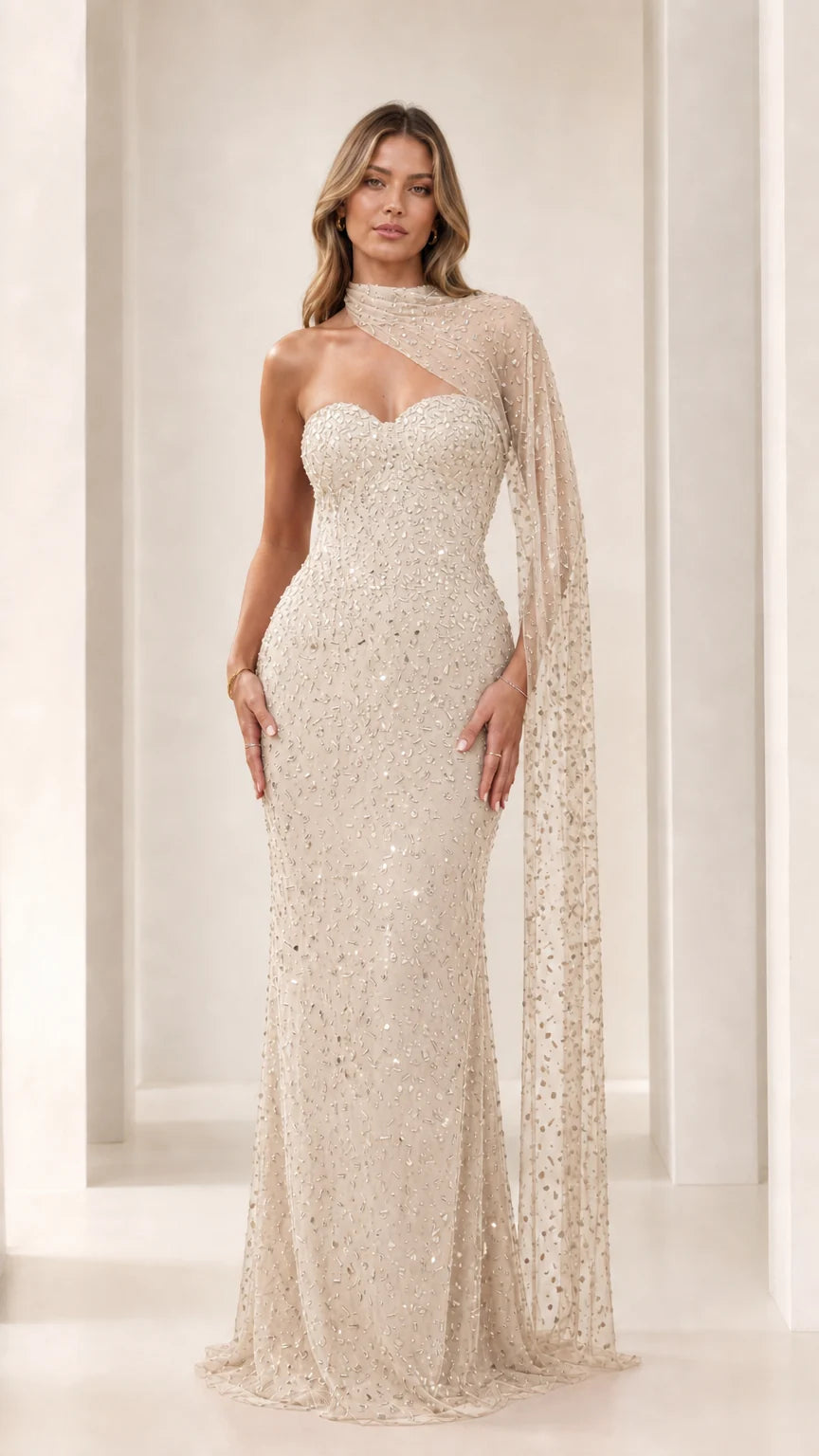 Sequined Beaded Sweetheart Evening Gown with Asymmetric Cape Drape