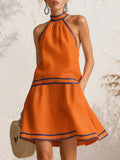 Elegant Color-Block Trim Orange Cotton-Linen Halter Sleeveless Mini Dress