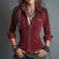 Cotton Denim Zip-Up Shirt For Women Red Long Sleeve Casual Boho Style Top With Pockets And Button Details