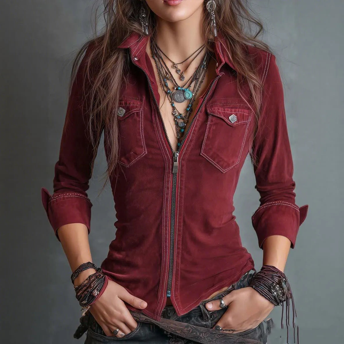 Cotton Denim Zip-Up Shirt For Women Red Long Sleeve Casual Boho Style Top With Pockets And Button Details