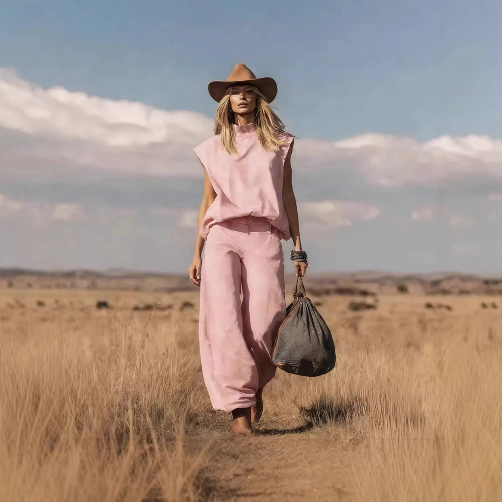 Cotton Denim Sleeveless High Neck Top & Wide Leg Pants Set - Boho Western Style Outfit For Women