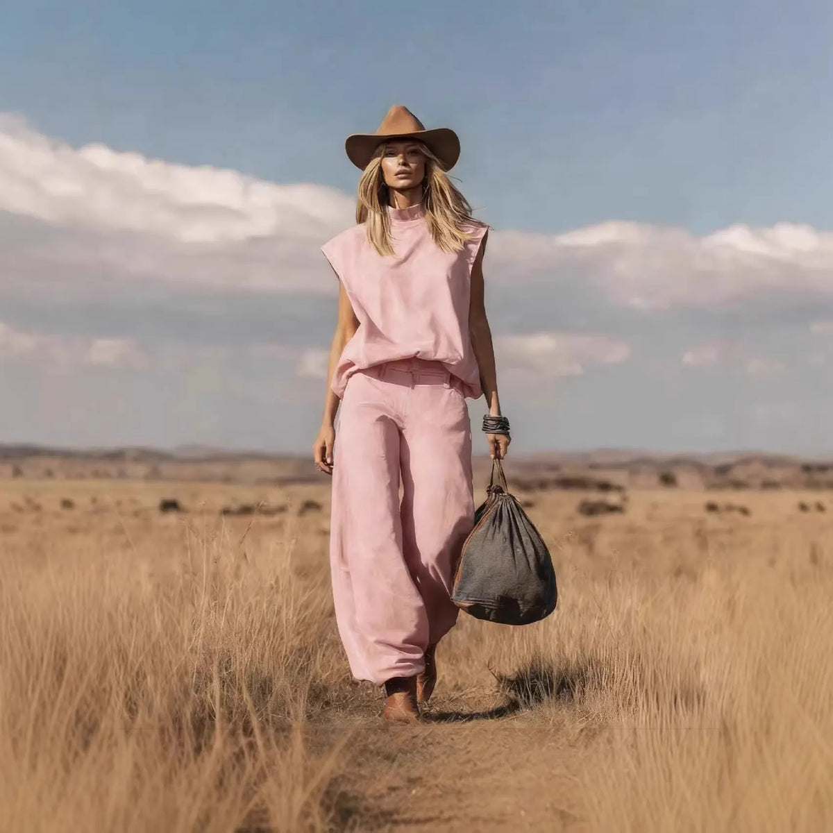 Cotton Denim Sleeveless High Neck Top & Wide Leg Pants Set - Boho Western Style Outfit For Women