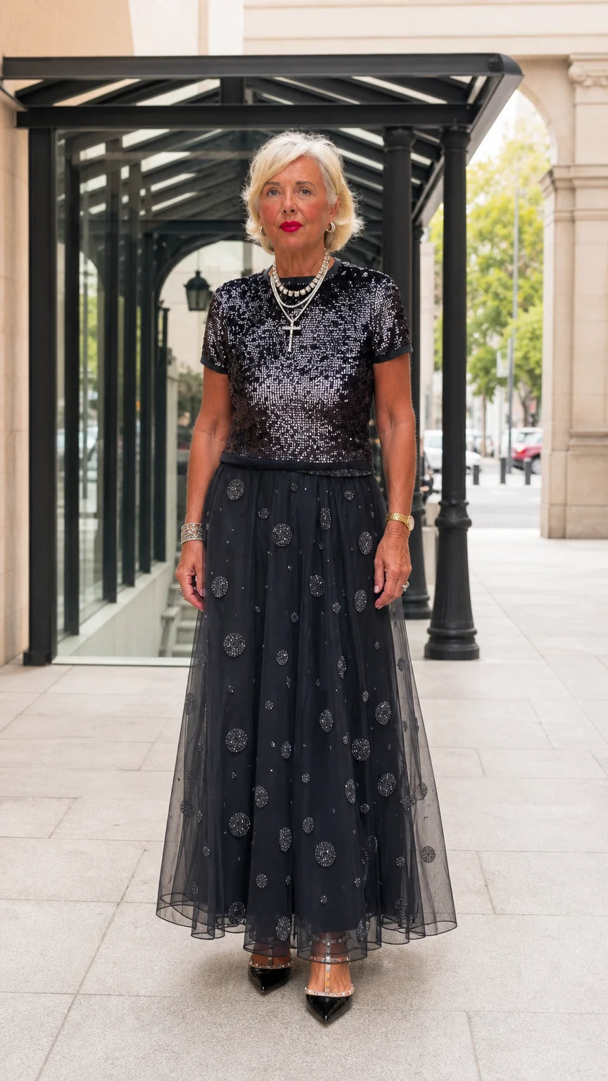 Sequined Short Sleeve Top and Embellished Tulle Maxi Skirt Evening Set