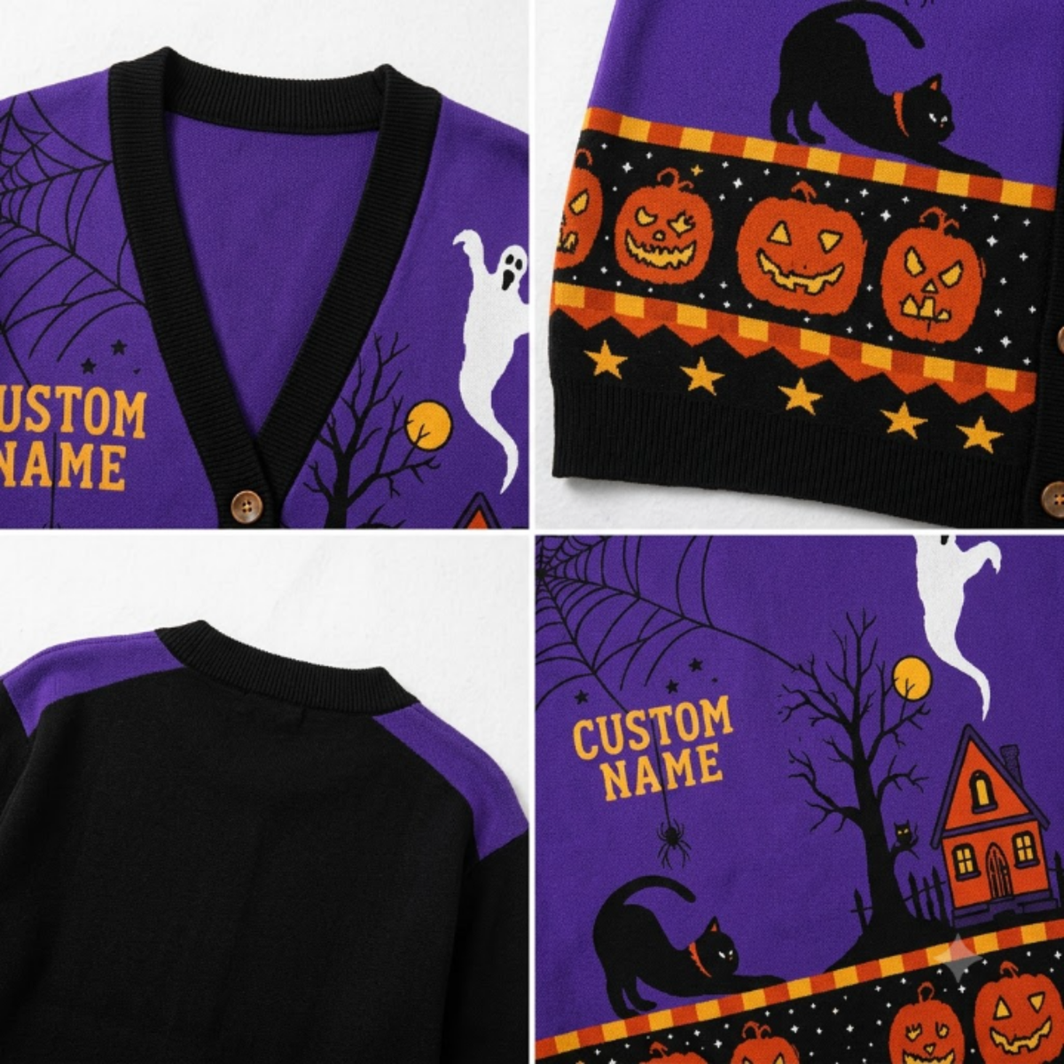 Chaotic Club Personalized Spooky Night Black Cat Ghost Cardigan