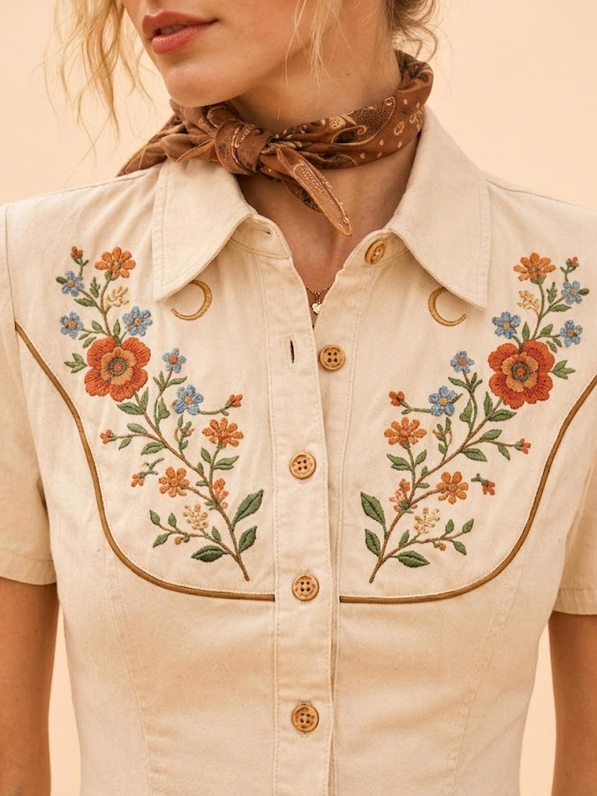 [Embroidery]Perfect for Coachella Music Festival Dress — 2026 SS Khaki Vintage Floral Embroidery Cotton Blend A-Line Mini Dress