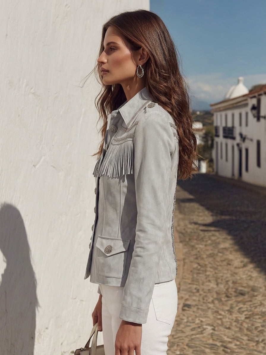 Bohemian Light Grey Faux Suede Beaded Fringe Slim Jacket