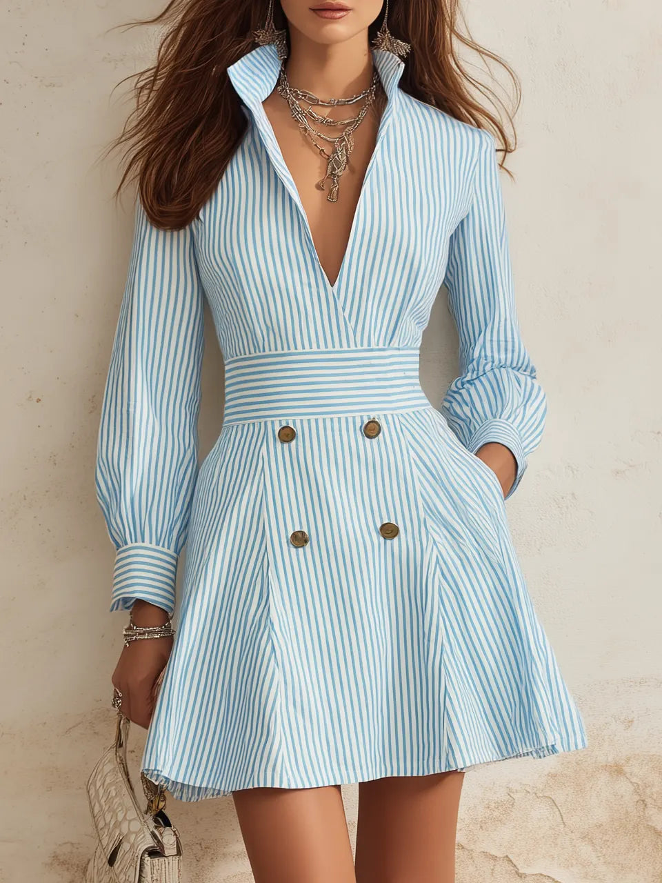 Nautical Style Light Blue White Stripe Stand Collar Wrap Mini Shirt Dress