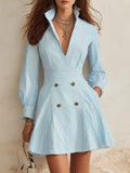 Nautical Style Light Blue White Stripe Stand Collar Wrap Mini Shirt Dress