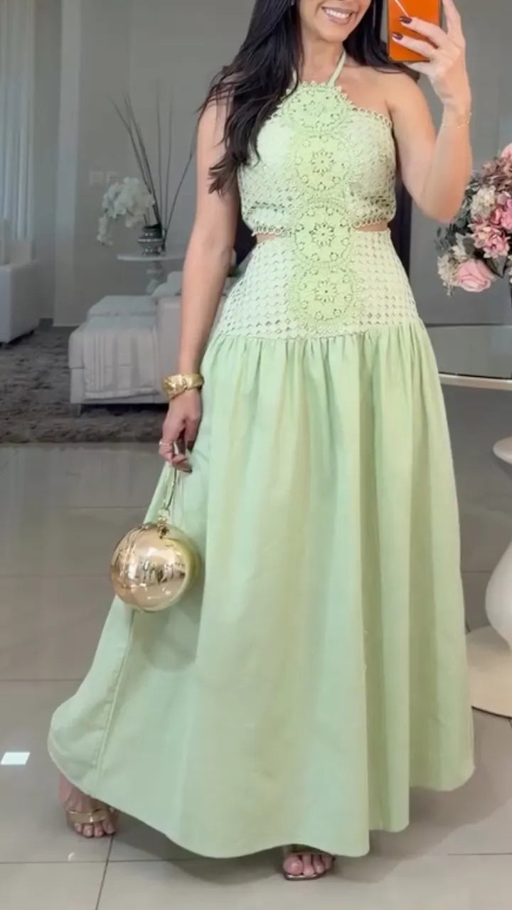 Halter Lace Two‐Piece Maxi Dress