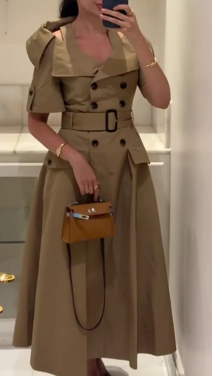 Khaki Trench‐Style Midi Dress