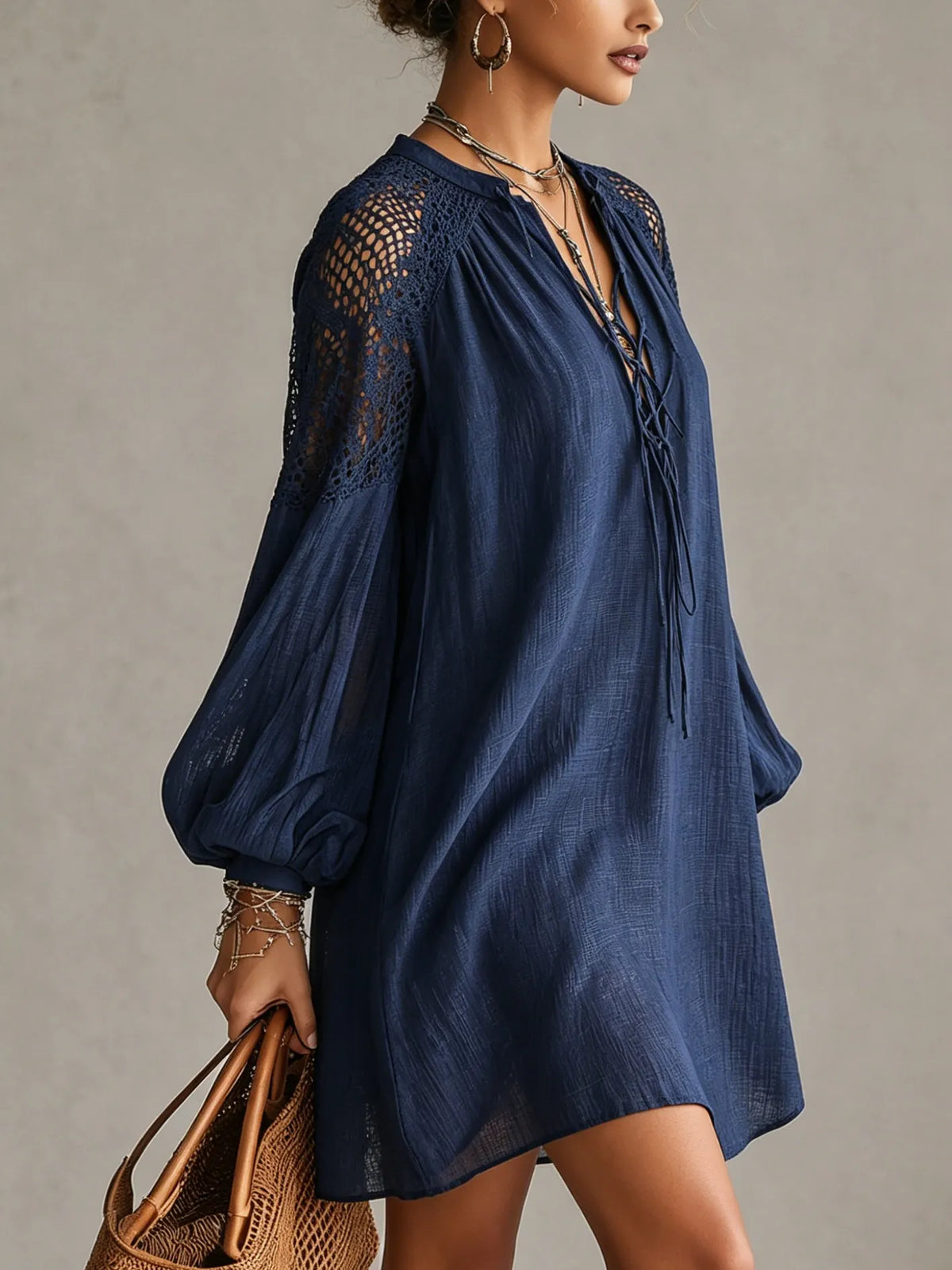Navy Cutout Crochet Shoulder Mini Dress