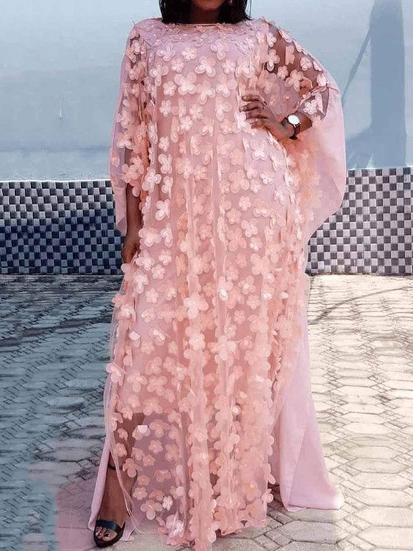 Round-Neck Loose H-Line Long Sleeve Applique See-Through Maxi Dress