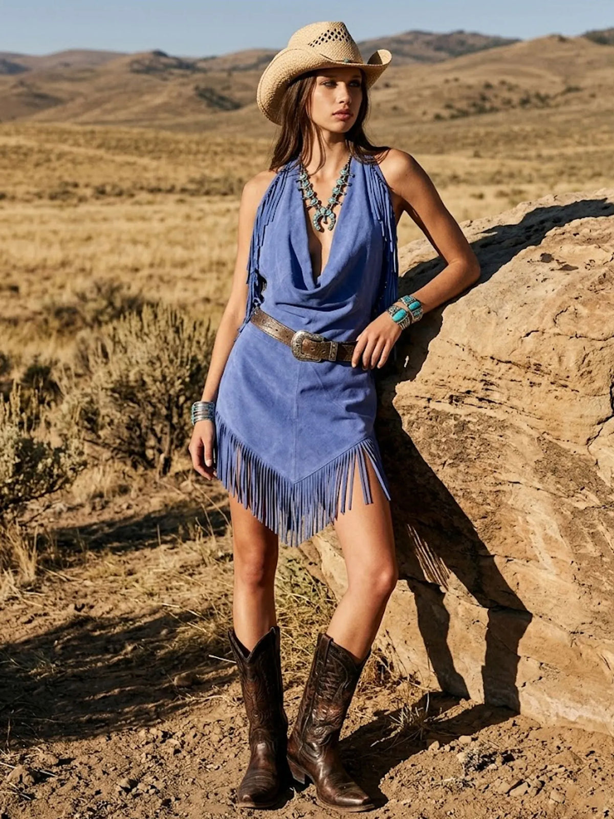 Modern Cowgirl Vibe — Muted Blue Faux Leather Tassel Detail Cocktail Bodycon Mini Dress