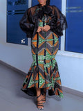 Sexy Round-Neck Puff Sleeve Floral Printed Mesh Wrap Maxi Dress