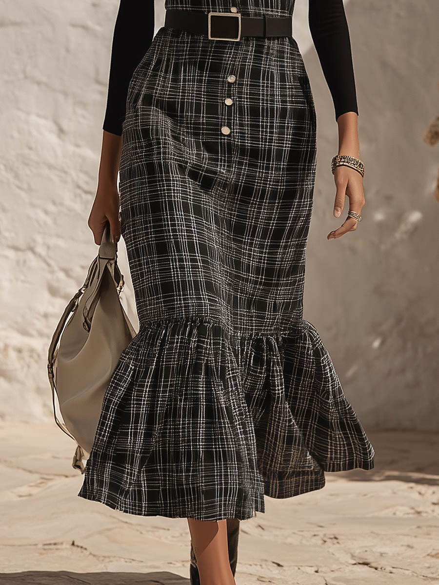 Vacation-style Sleeveless Collared Plaid Midi Dress