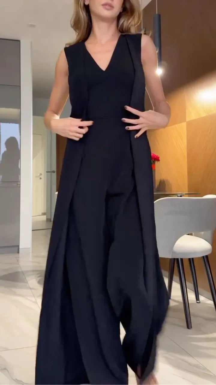 Sleeveless Lapel Blazer Overlay Wide‐Leg Jumpsuit