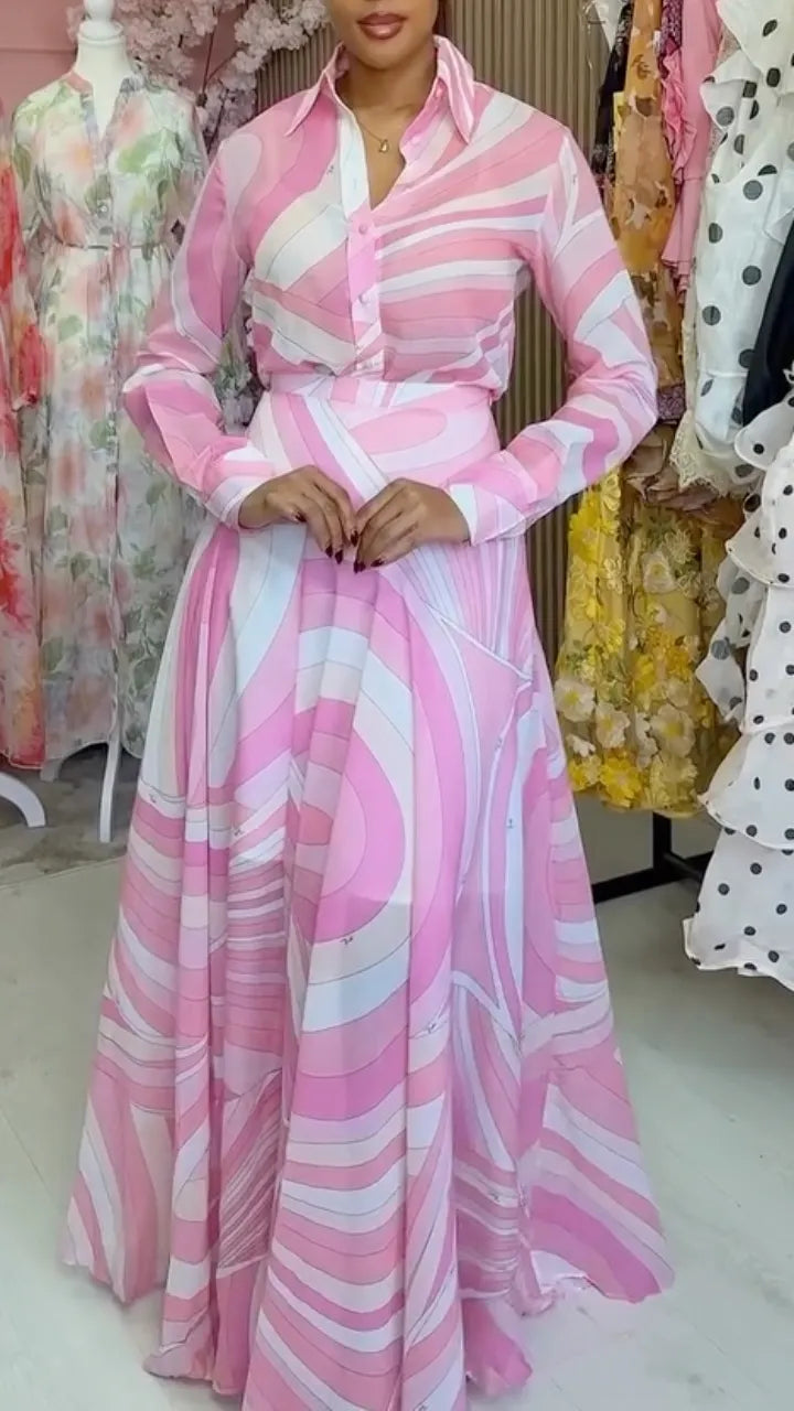 Pink Swirl Print Shirt Maxi Skirt Two‐Piece Set