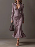 Dusty Purple Corset Button Lapel Ruched Lace Hem Mermaid Midi Dress