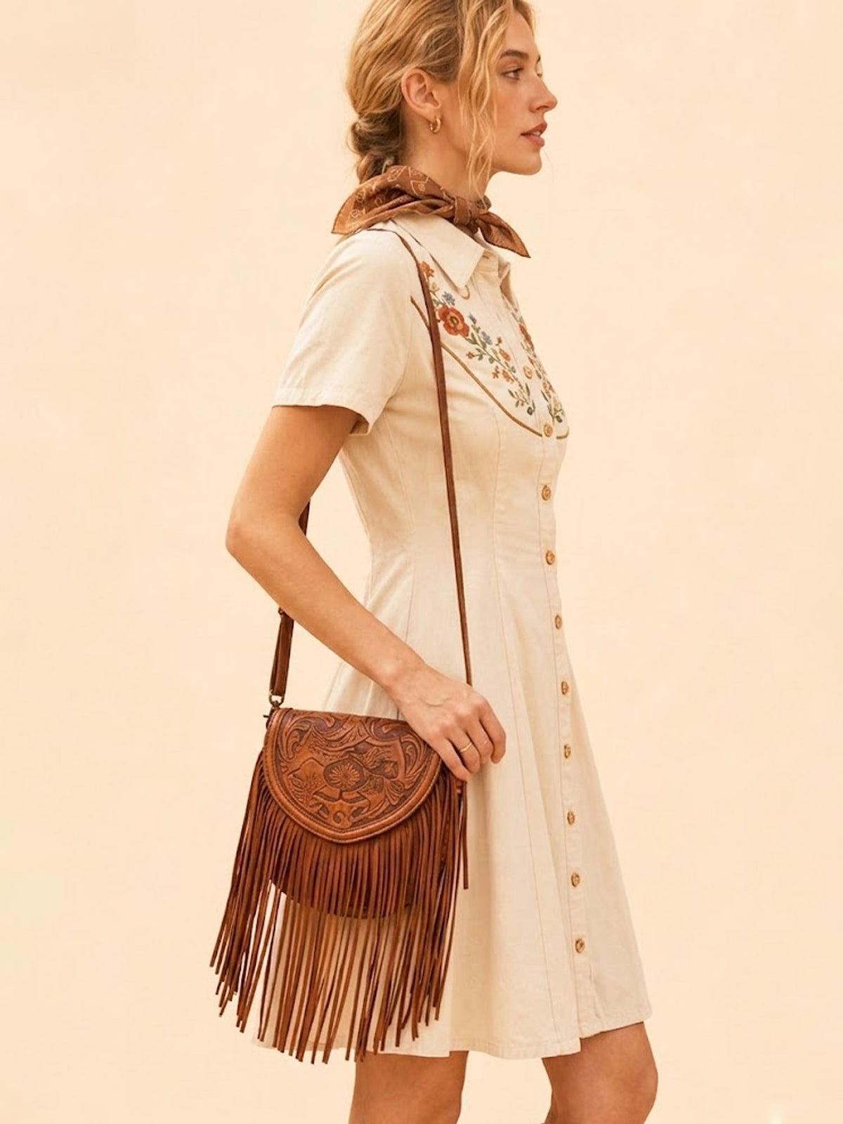 [Embroidery]Perfect for Coachella Music Festival Dress — 2026 SS Khaki Vintage Floral Embroidery Cotton Blend A-Line Mini Dress