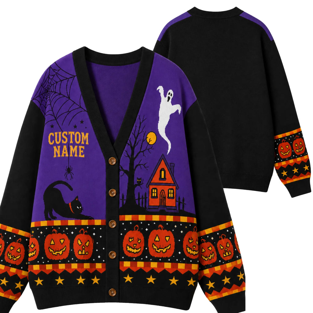 Chaotic Club Personalized Spooky Night Black Cat Ghost Cardigan