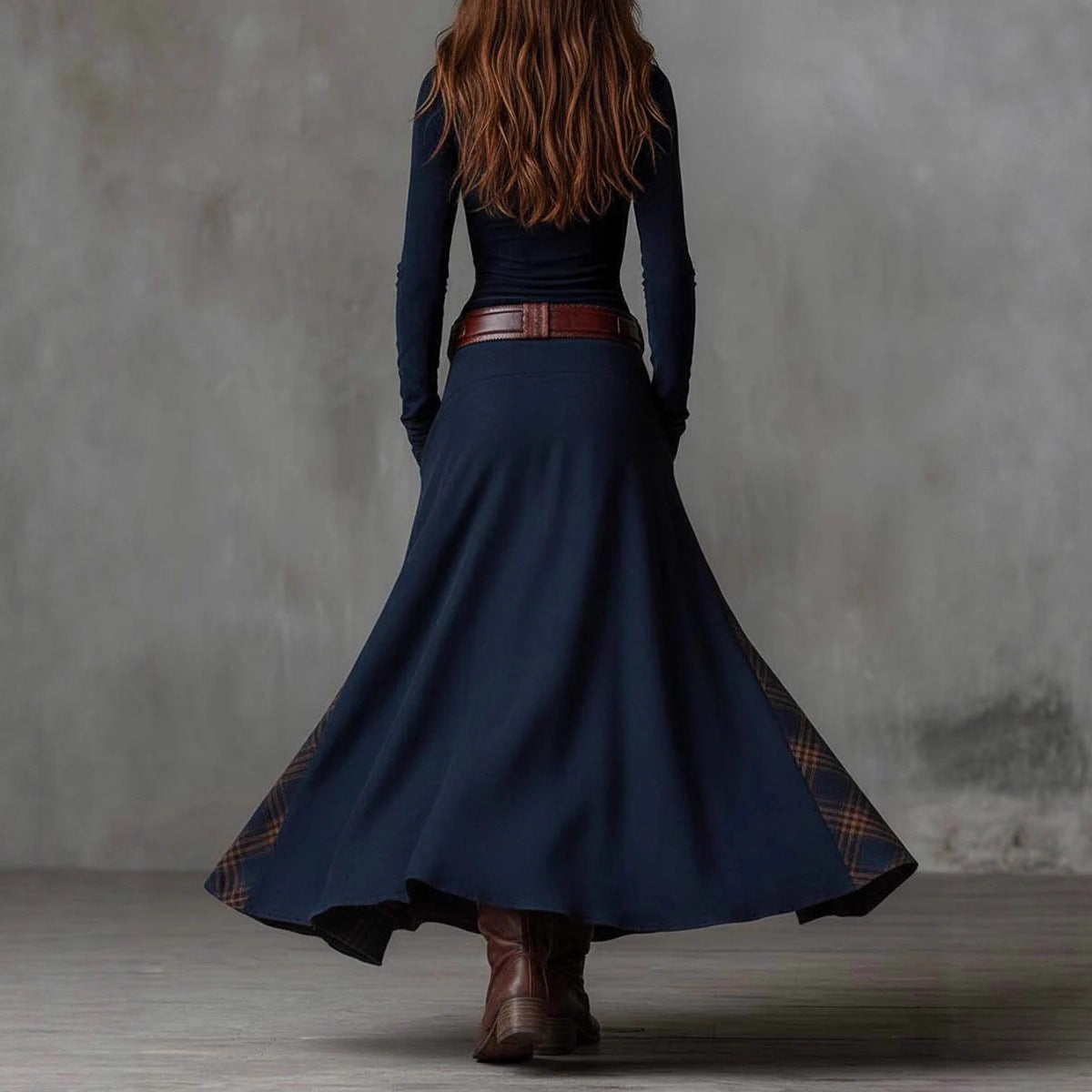 Suede Plaid Patchwork Vintage-Style Dress With Pockets, Button-Up Front, And Belted Waist