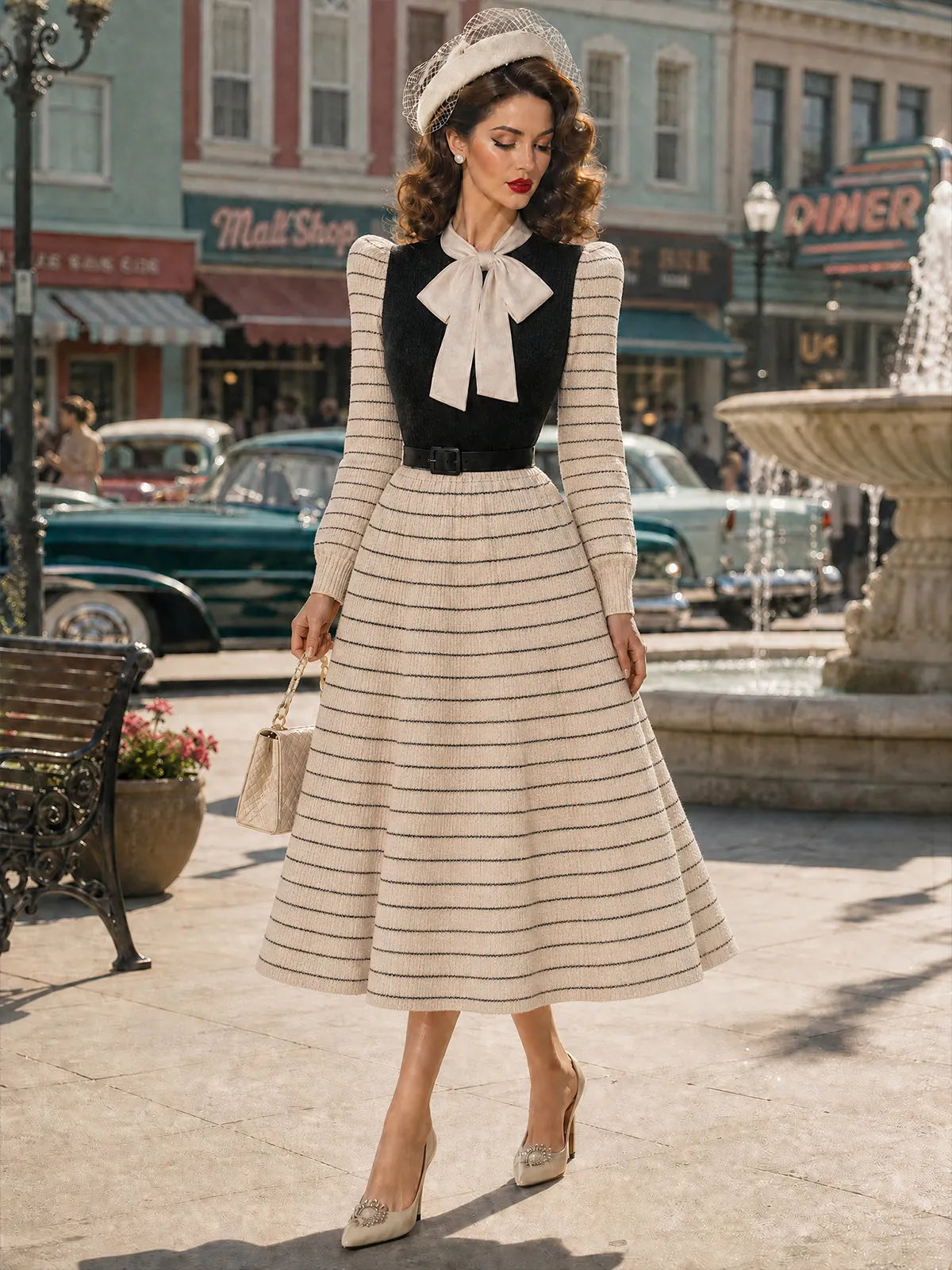 Vintage Cream Striped Bow-Tie Belted Knit Dress