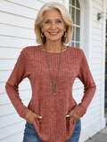 Knitted Crew Neck Pit Strip Top Long Sleeve Loose T-shirt