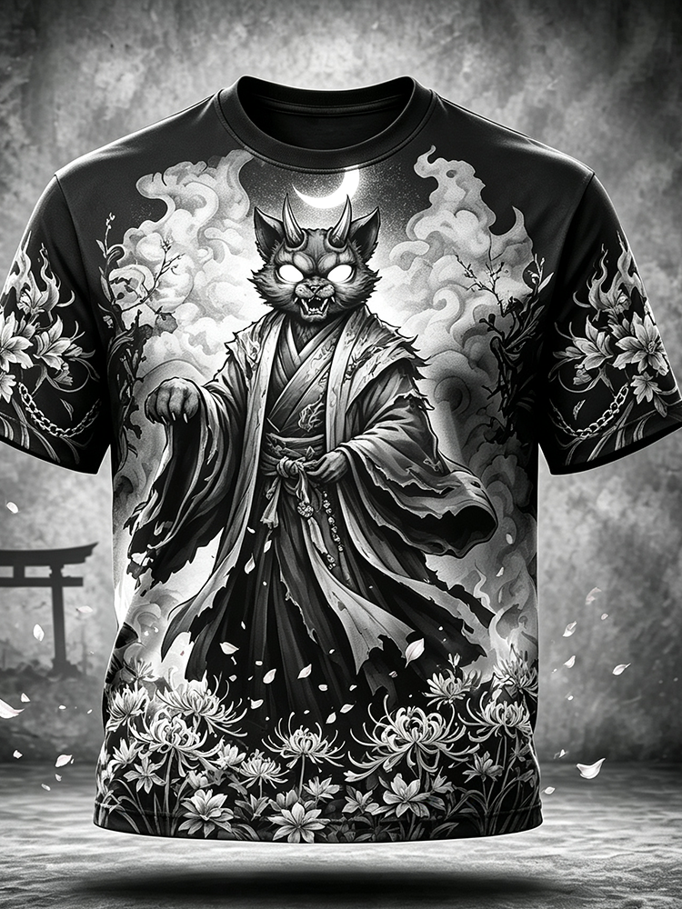 Men's Short Sleeve T-shirt Featuring Horned Demon Cat And Spider Lily Art