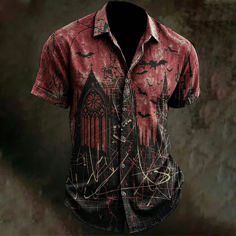 Men's Gothic Halloween Abstract Art Line Pattern Short-sleeve Shirt