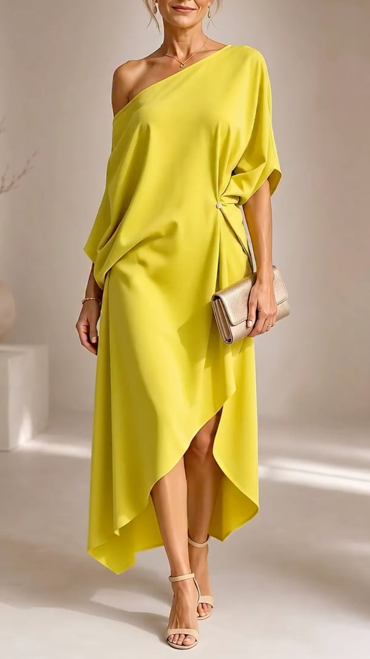 Yellow One‐Shoulder Asymmetrical Midi Dress