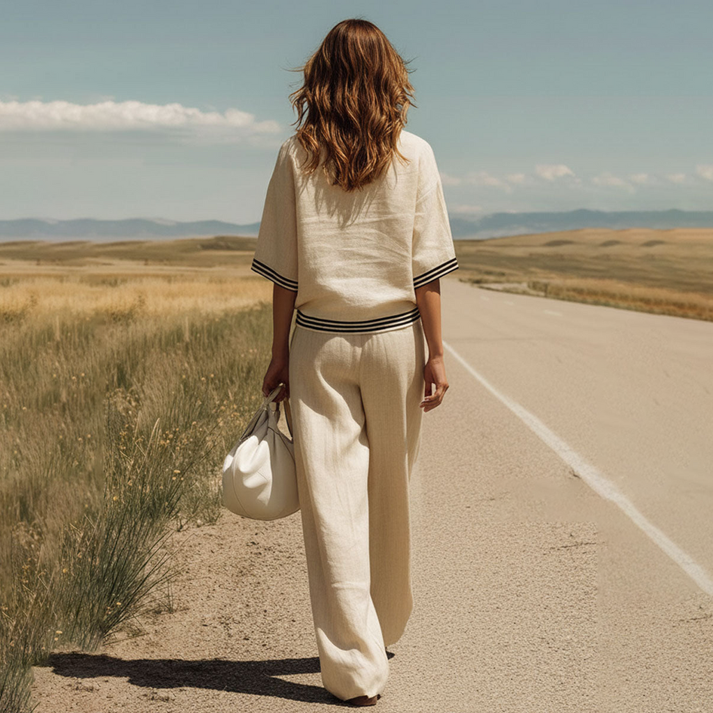 Casual Vintage-inspired Striped Apricot Cotton-linen Blend Short-sleeved Shirt And Wide-leg Trousers Ensemble
