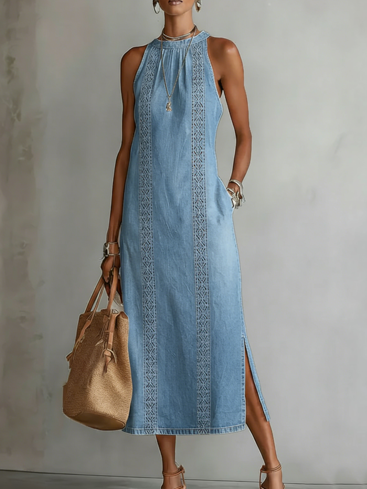 Retro Midi Dress in denim, Affordable Luxury