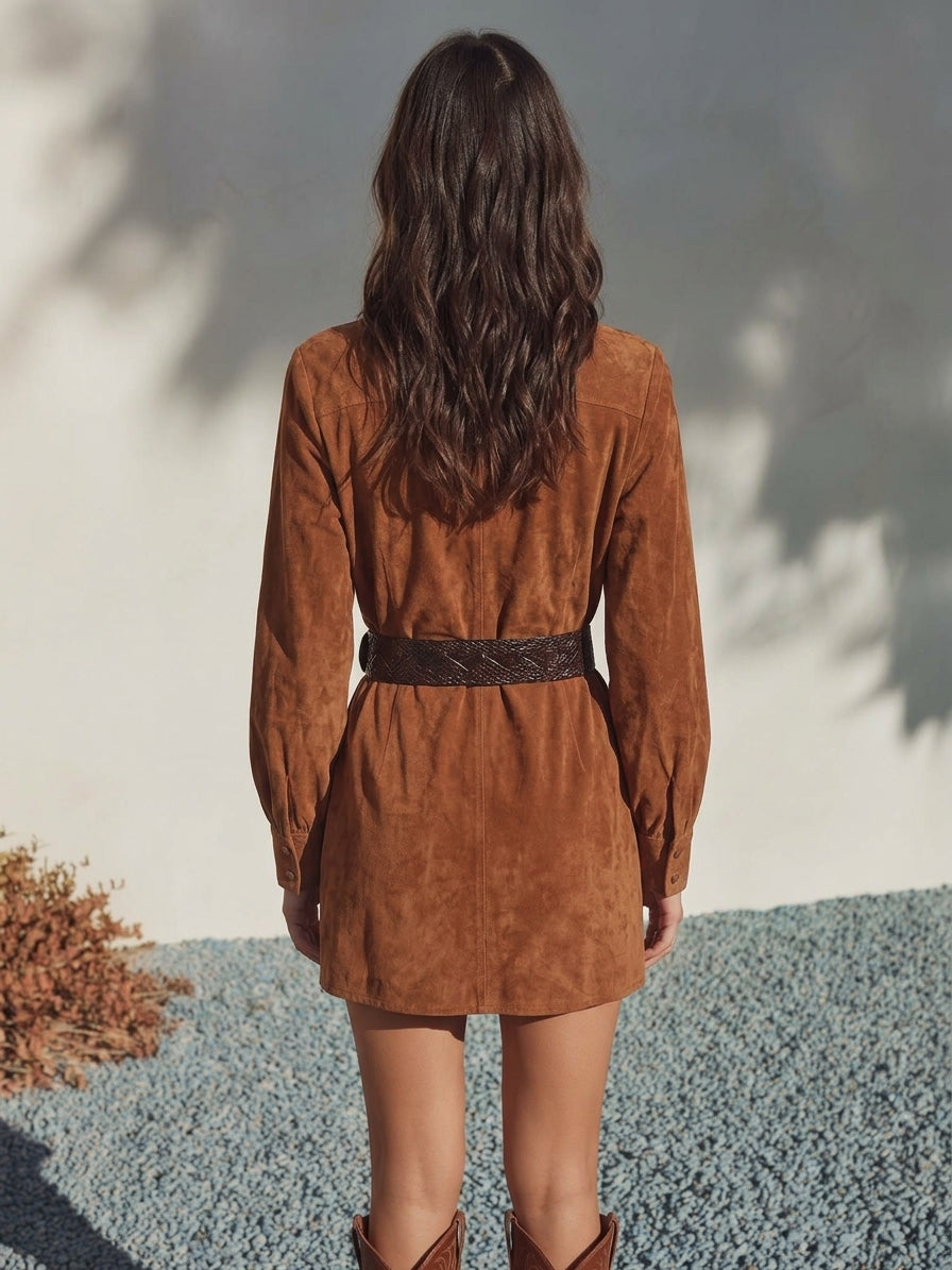 Western Vibe Cognac Brown Faux Suede Shirt Mini Dress