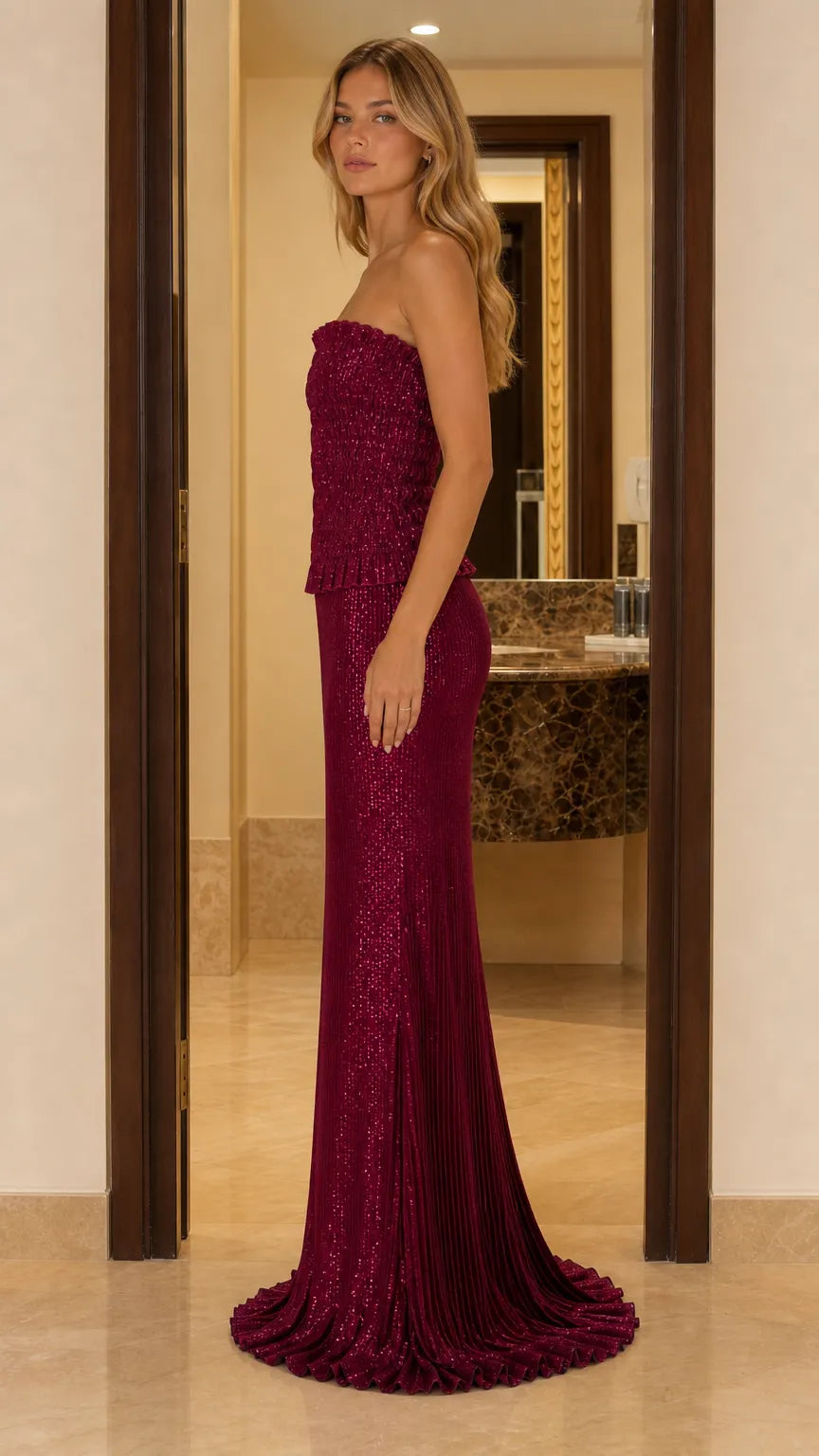 Strapless Ruched Stretch Maxi Dress with Flared Train
