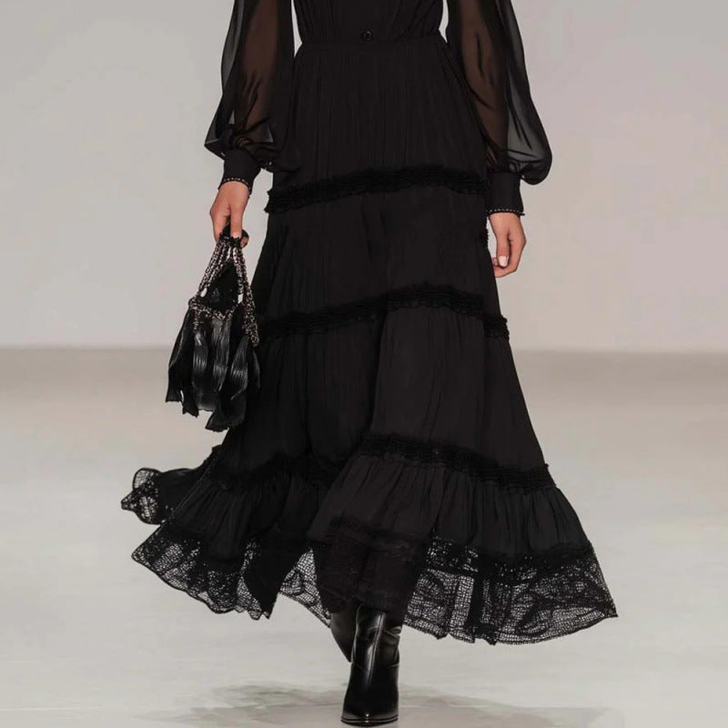Elegant Black Tiered Maxi Dress With Sheer Sleeves And Lace Trim