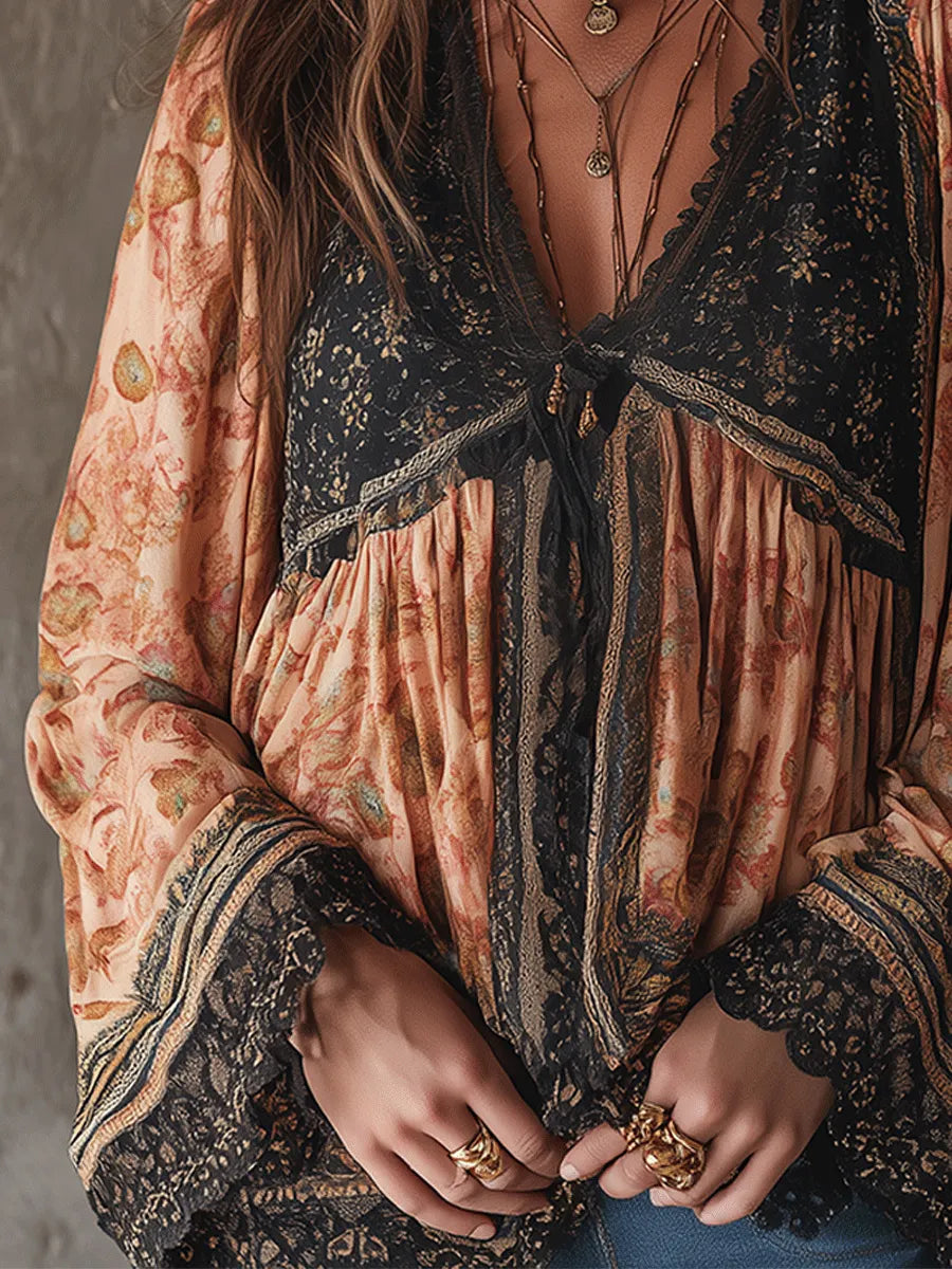 Bohemian Floral Lace Trim Blouse