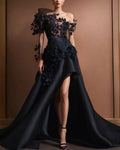 One-shoulder embroidered appliqué tulle dress