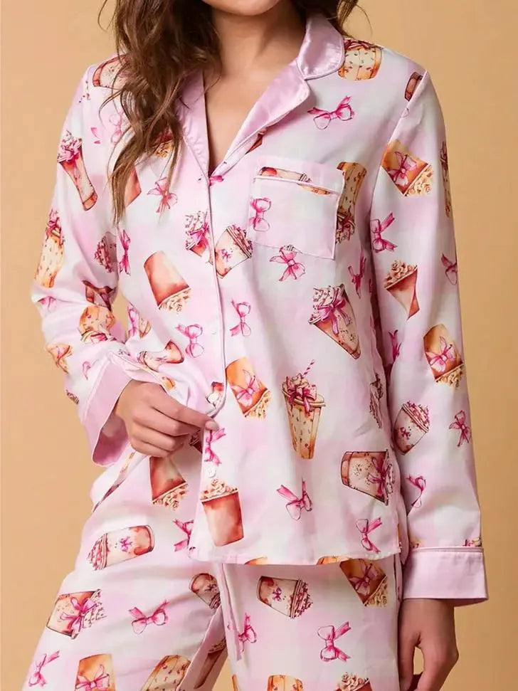 Bowknot Milk Tea Print Pajama Set Long Sleeve Shirt