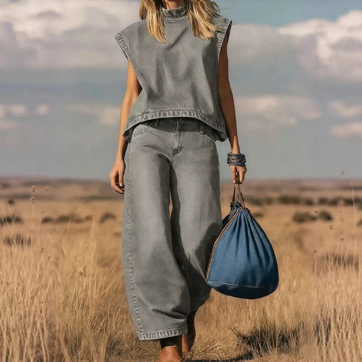 Retro Western-inspired Sleeveless Relaxed-fit Top Paired With High-waisted Wide-leg Jeans