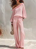 Minimalist Vacation Ruffled One-shoulder Knit Top And Cotton-linen Wide-leg Pants Set