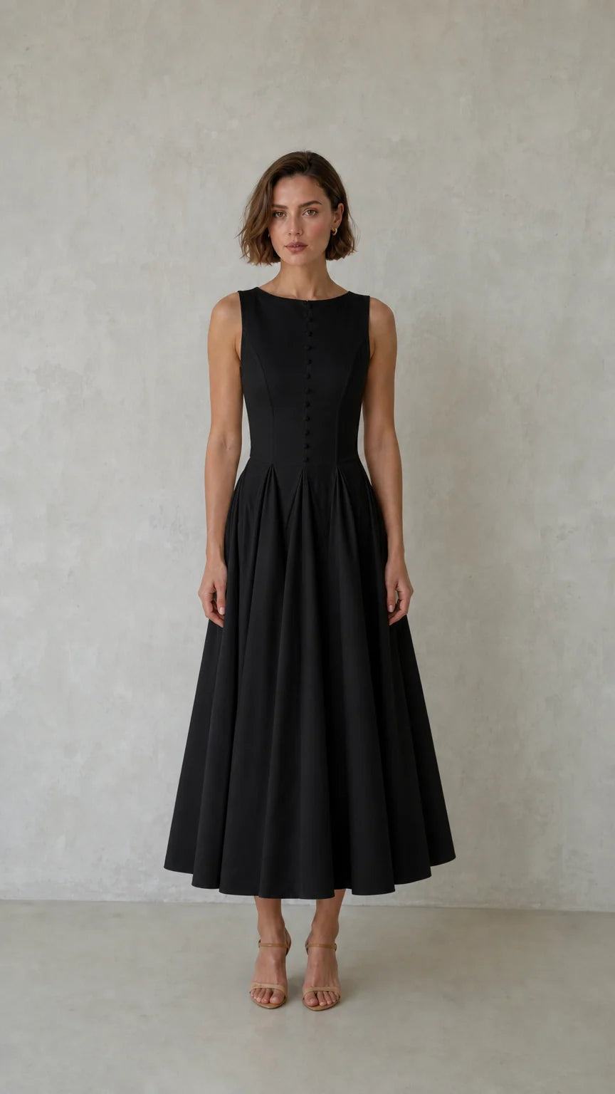 Elegance Sleeveless Pleated Midi Dress with Button Details